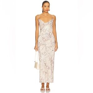 Cowl Neck Snake-Print Slip Dress in Beige